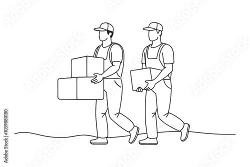 Two men in overalls and gloves transporting boxes isolated continuous line art flat vector illustration on white background