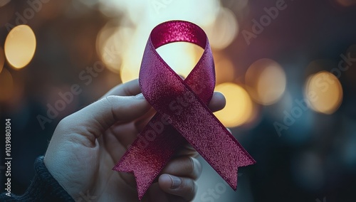 Hand holding burgundy awareness ribbon. Concept of support and solidarity for various health causes.
