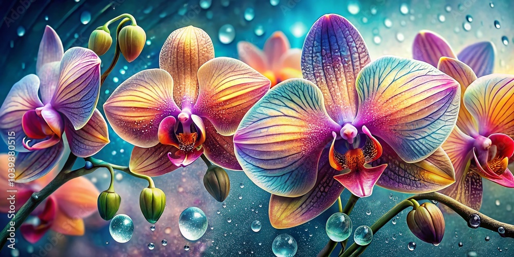 Fototapeta premium Colorful Abstract Illustration of Exotic Orchids with Dew Drops on White Background