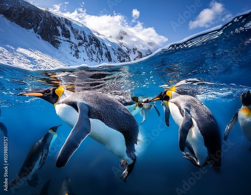 varios pinguinos flotando en el mar, realista photo