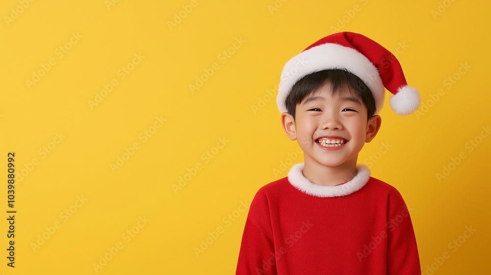 Asian boy smile and wearing Christmas hat Asian boy smile and wearing Christmas hat