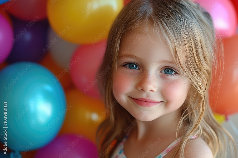 Adorable blonde haired girl smiling surrounded by balloons Adorable blonde haired girl smiling surrounded by balloons