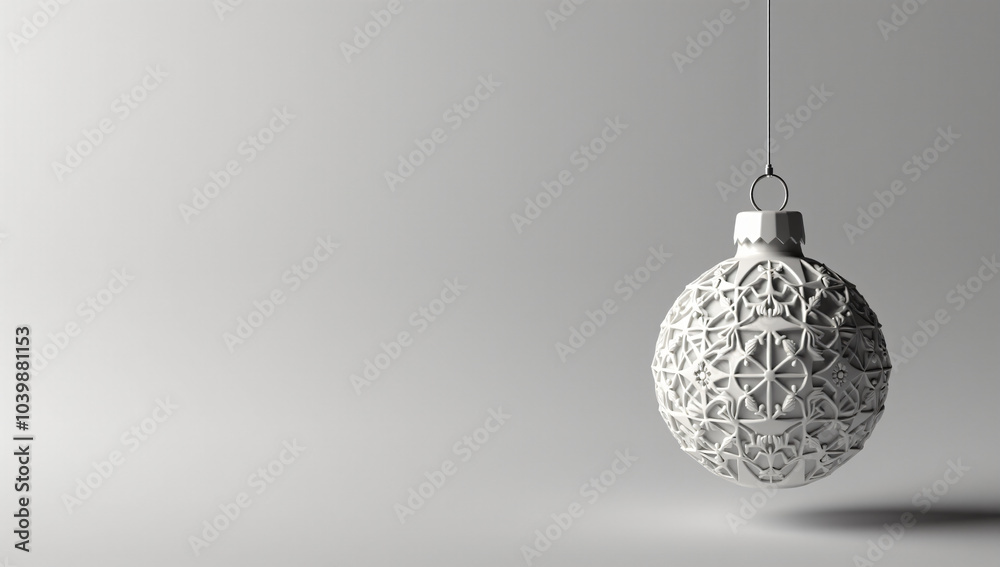 3D illustration A delicate white Christmas ornament with intricate patterns hangs against a grey background, adding a touch of elegance and sophistication to holiday decor. 3D illustration A delicate white Christmas ornament with intricate patterns hangs against a grey background, adding a touch of elegance and sophistication to holiday decor.