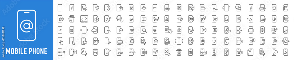Mobile phone web icons in line style. Smartphone, telephone, call, chat, voice, message, mail, pay, pin, live, collection. Vector illustration. Mobile phone web icons in line style. Smartphone, telephone, call, chat, voice, message, mail, pay, pin, live, collection. Vector illustration.