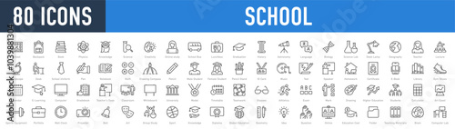 Set of 80 School web icons in line style. Education, knowledge, teacher, class room, study, language, collection. Vector illustration.