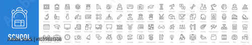 Set of 80 School web icons in line style. Education, knowledge, teacher, class room, study, language, collection. Vector illustration.