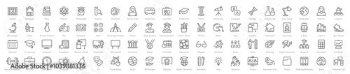 Set of 80 School web icons in line style. Education, knowledge, teacher, class room, study, language, collection. Vector illustration.