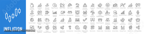 Inflation web icons in line style. Crisis, economic, unemployment, hyperinflation, inflation rate, scarcity, price increase, money, investment, depreciation, energy, transportation, collection. Vector
