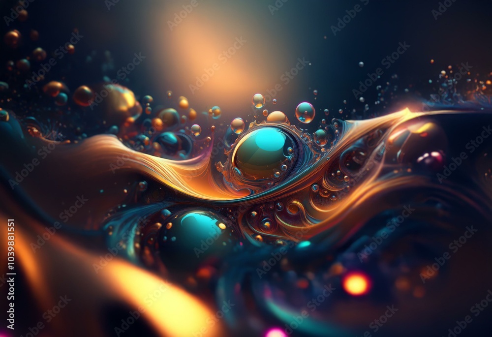 Abstract digital artwork depicting a swirling mass of iridescent liquid with bright spheres scattered throughout. Abstract digital artwork depicting a swirling mass of iridescent liquid with bright spheres scattered throughout.