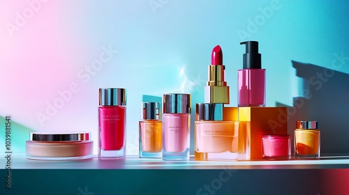 Vibrant beauty background showcasing facial cosmetics like lipsticks moisturizers and foundations artistically arranged set against a bright backdrop with space for text to engage beauty enthusiasts