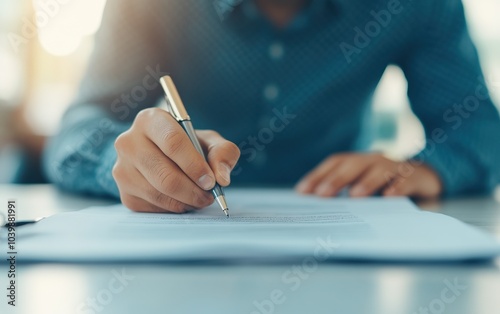 Hand of a person writing on a document with a pen in a professional setting. photo