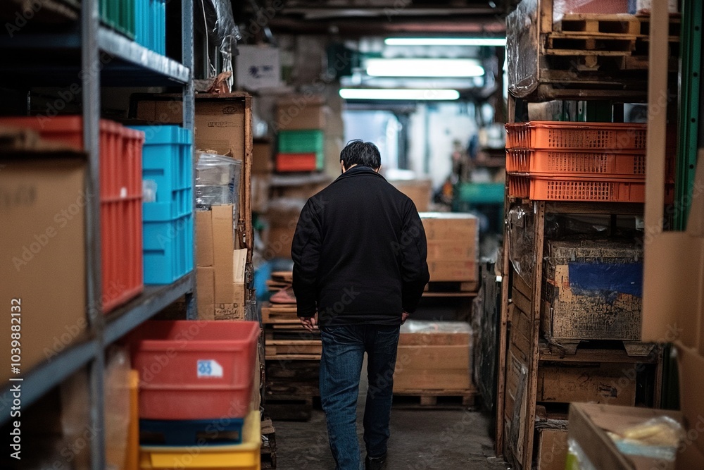 man walking in a warehouse with tidy boxes on shelves.organisation month. man walking in a warehouse with tidy boxes on shelves.organisation month.