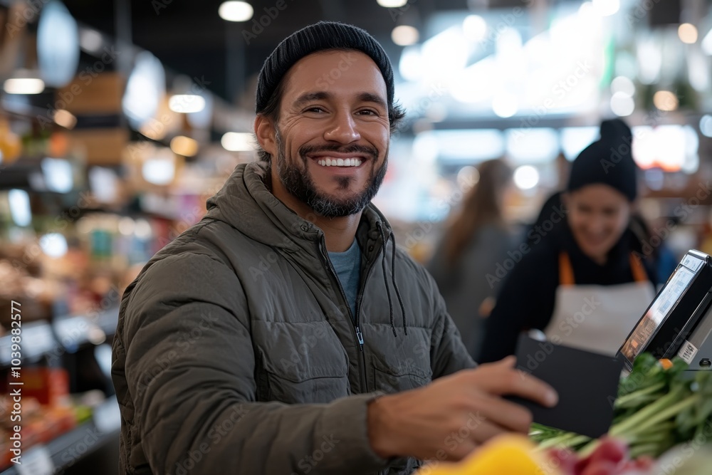 Fototapeta premium A man wearing a beanie and jacket is smiling as he holds a card at a checkout counter in a bustling grocery store, emanating everyday life and positivity.