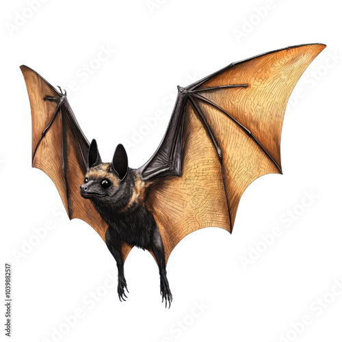 A detailed illustration of a bat with wings spread wide, showcasing its unique features against a white isolated background. photo