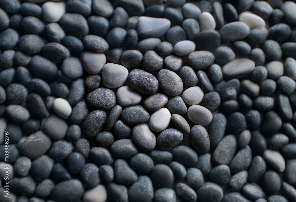 A close-up image of a collection of smooth grey and white pebbles, with a darker grey pebble standing out in the center. A close-up image of a collection of smooth grey and white pebbles, with a darker grey pebble standing out in the center.