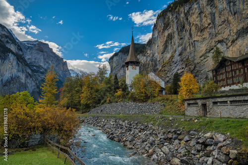 Lauterbrunnen Switzerland at village valley in autumn season