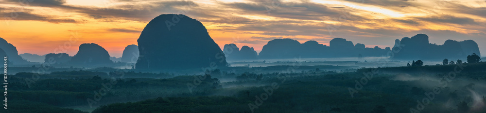 Mountain sunrise view at Din Deang Doi viewpoint with tropical forest, Krabi Thailand nature landscape panorama
