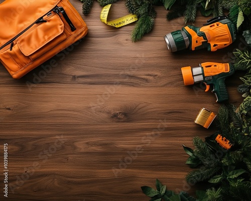 Tools and accessories on wooden surface, surrounded by green foliage. photo