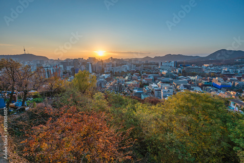 Seoul South Korea sunset city skyline view from Naksan Park in autumn