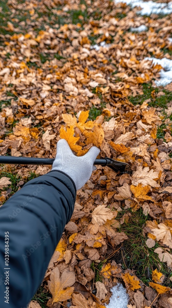 Obraz premium Hands in red gloves gather a pile of vibrant autumn leaves on the green grass, showcasing the beauty of fall cleanup efforts