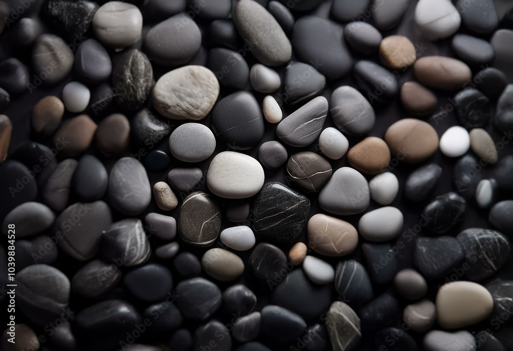 A close-up view of smooth, rounded stones of various sizes and shades of gray, white, and brown.