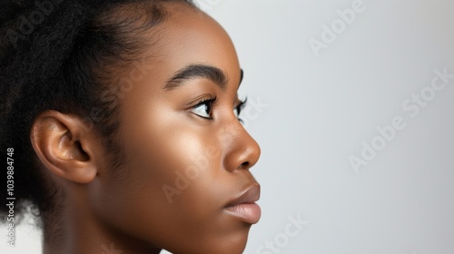 A woman with dark hair and a dark nose