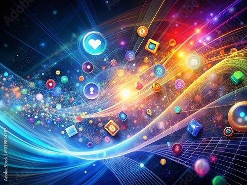 Colorful Digital Technology Icons in Futuristic Abstract Background with Particle Waves for Innovative Visuals