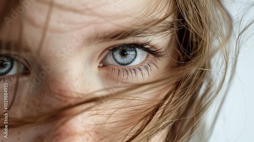 A woman with long brown hair and blue eyes