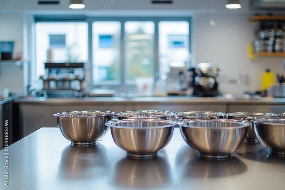 Modern kitchen setup featuring shiny metal bowls lined on a countertop. A bright and spacious environment is perfect for cooking. Ideal for culinary photography. Generative AI