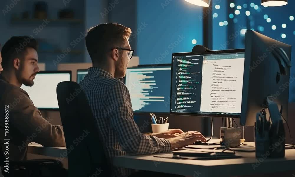 Two programmers working late at night, writing code on their computers.