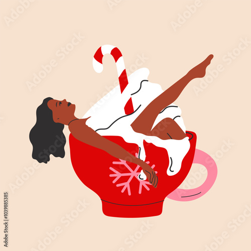 A woman is bathing in a cute holiday mug with a flat cartoon style, featuring a Christmas hot drink.	