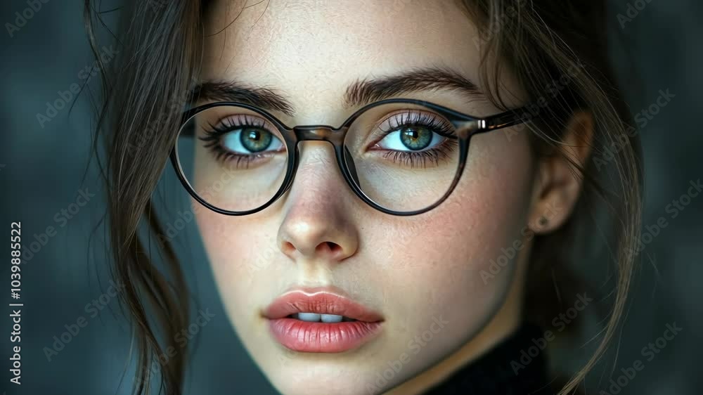 A woman with blue eyes stares intensely into the camera, her expression both curious and determined A woman with blue eyes stares intensely into the camera, her expression both curious and determined