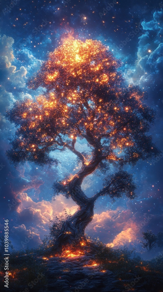 Magical glowing tree surrounded by floating lights in a peaceful setting, AI generated Magical glowing tree surrounded by floating lights in a peaceful setting, AI generated