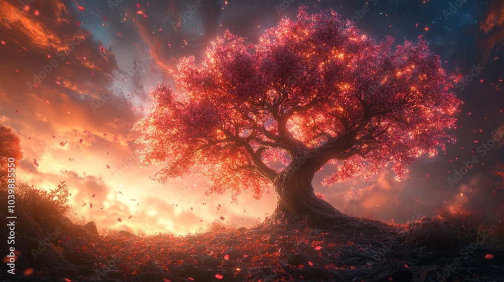 Magical glowing tree surrounded by floating lights in a peaceful setting, AI generated Magical glowing tree surrounded by floating lights in a peaceful setting, AI generated
