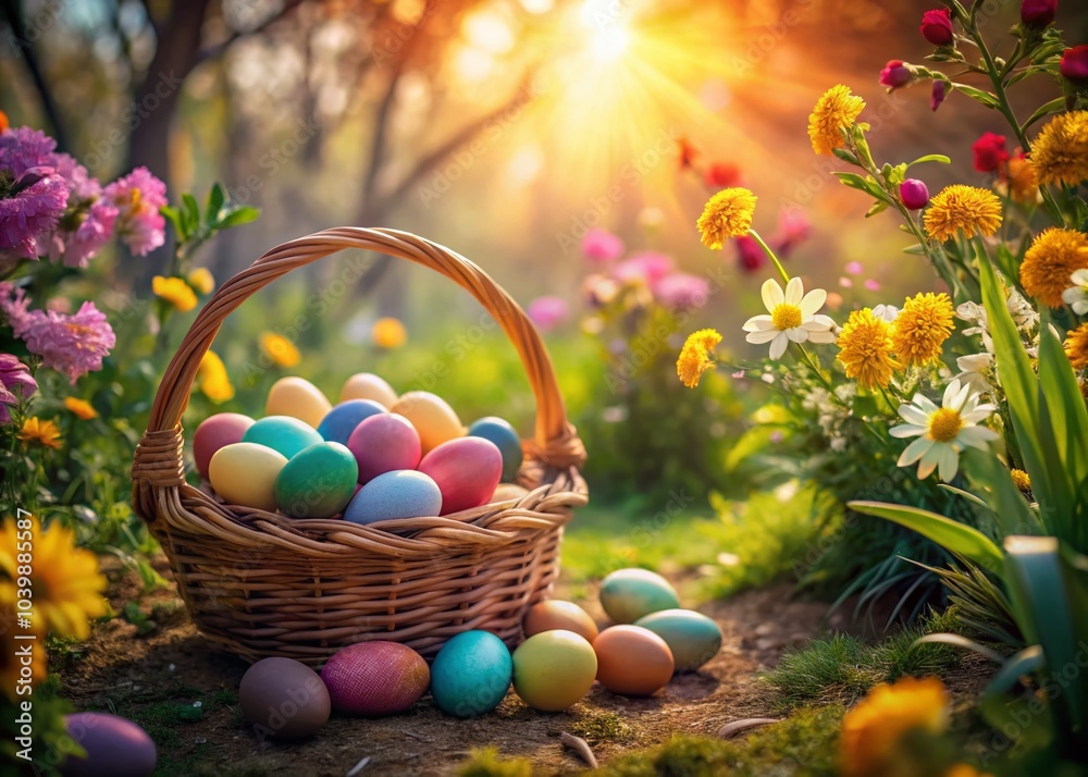 Colorful Easter Eggs in a Basket Surrounded by Blooming Flowers for Spring Celebrations Colorful Easter Eggs in a Basket Surrounded by Blooming Flowers for Spring Celebrations