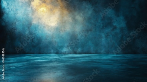 Vibrant metal shadow gradient studio abstract background with a fresh cyan wall and floor accented by dazzling light and laser effects perfect for highlighting contemporary electronics and vehicles