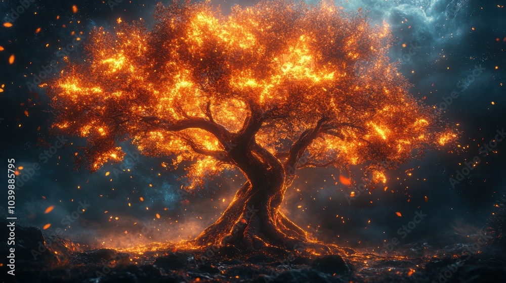 Magical glowing tree surrounded by floating lights in a peaceful setting, AI generated Magical glowing tree surrounded by floating lights in a peaceful setting, AI generated