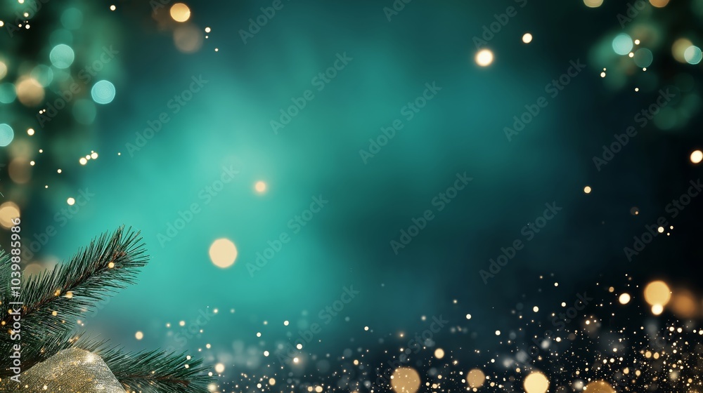 abstract Christmas background green teal with gold light, pine needle branch with bokeh and copy space abstract Christmas background green teal with gold light, pine needle branch with bokeh and copy space