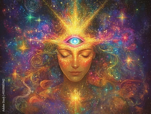 Woman with glowing third eye and ethereal colors, AI generated photo