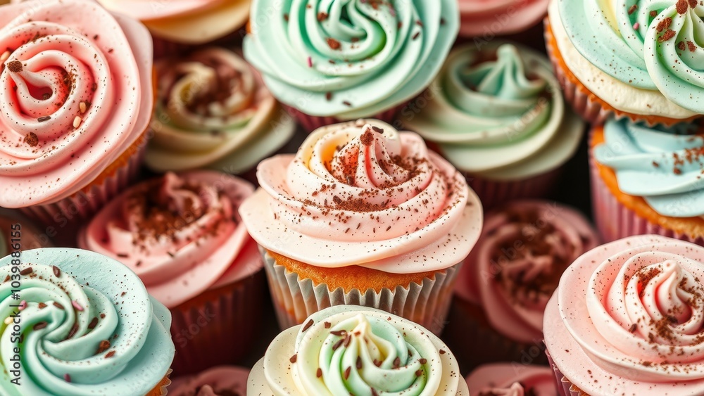 Close-up of colorful cupcakes with frosting