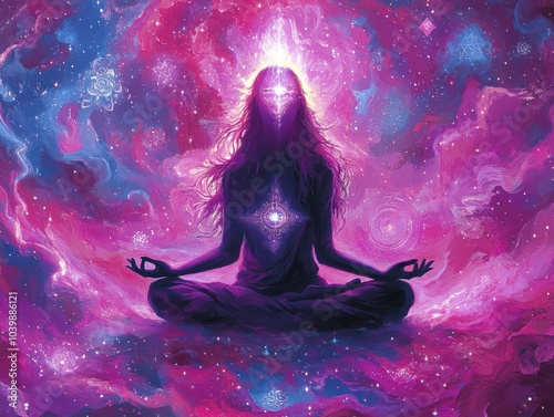 Woman with glowing third eye and ethereal colors, AI generated