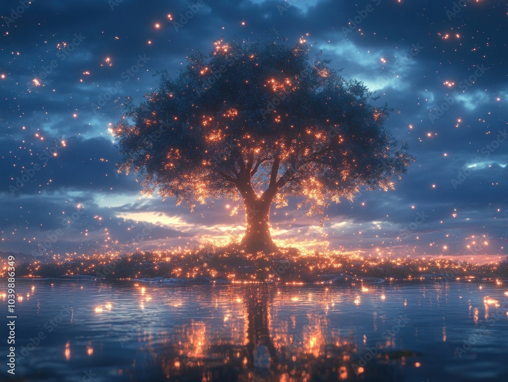 Obraz premium Magical glowing tree surrounded by floating lights in a peaceful setting, AI generated