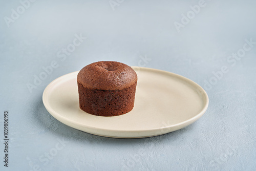 Tasty chocolate fondant or lava cake dessert in a plate, on a light blue background. Copy space, closeup view. photo