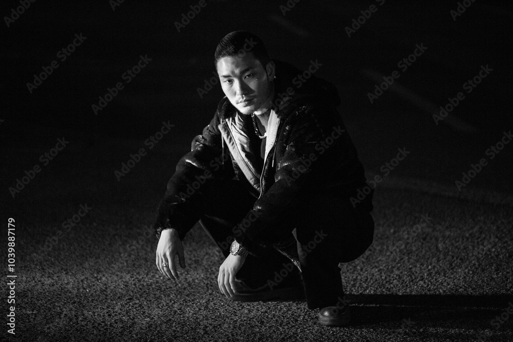 A young Korean man is squatting. Black and white photo