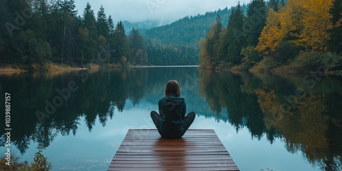 A person sits meditatively on a dock, surrounded by a serene lake and an autumn forest, creating a tranquil scene. photo