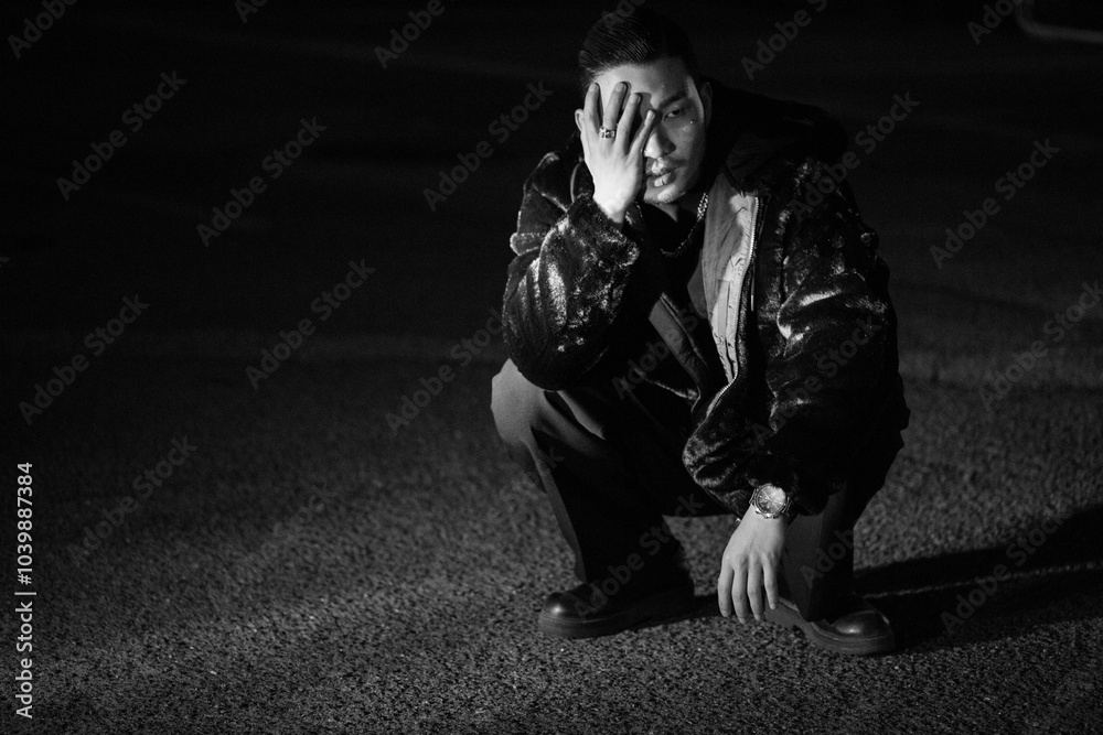 A young Korean man is squatting. Black and white photo