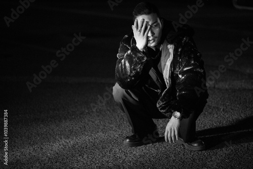 A young Korean man is squatting. Black and white photo