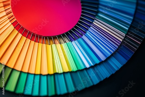 A circular array of vibrant color swatches showing a rainbow spectrum for artistic inspiration purposes. photo