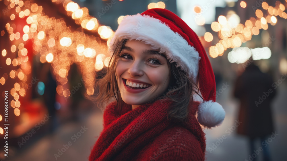 A smiling Young Woman dressed as Santa Claus walking down the festive street in winter A smiling Young Woman dressed as Santa Claus walking down the festive street in winter