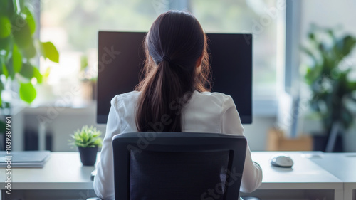 Woman office worker working in a bright office sitting with her back to the camera looking at the computer screen